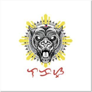 Tribal line Art Tiger / Philippine Flag Sun / Baybayin word Lakas (Strength) Posters and Art